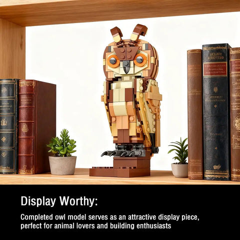 Owl Model Kit Building Set For Adults And Kids Ages 9 And Up, Super Fun Creative Animal Figures Collection, Ideal Valentines Day And Birthday Gift For Boys Girls Couples And Animal Lovers, completed owl display model on shelf