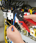All In One Crimping Tool Kit With 1800 Ferrules, Self Adjusting Ratchet Crimper, Eight Ferrule Sizes From AWG 22 To 7 (0.5-10mm2) being used on electrical wires in a panel.