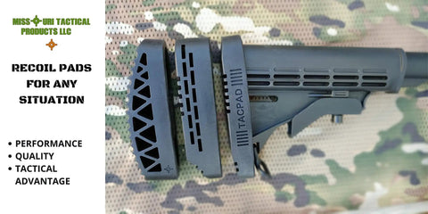 Recoil Pad For 6-Position Adjustable Stock Black, Reduces Recoil And Muzzle Jump, shown on camo background