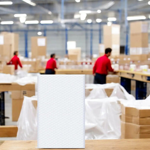 12.5 By 19 Inch White Poly Bubble Mailers Self Seal Padded Packing Envelopes in warehouse setting.