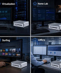 Slick Ultra Compact N6005 Mini PC Fanless Firewall Router Built For OPNsense Networks, shown in home lab and office settings.