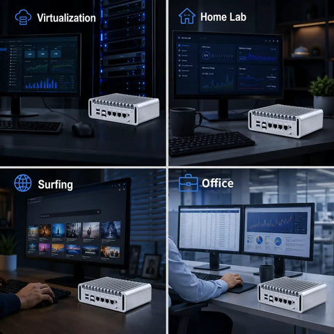 Slick Ultra Compact N6005 Mini PC Fanless Firewall Router Built For OPNsense Networks, shown in home lab and office settings.