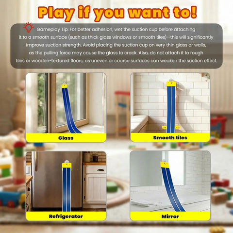 15-Foot Build-Your-Own Creative Race Track Set for Kids attached to glass, tiles, refrigerator, and mirror surfaces