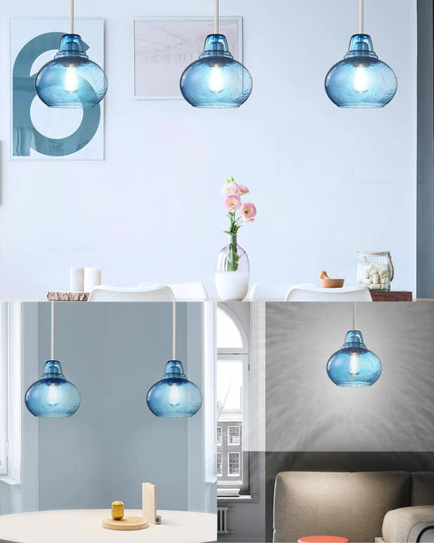 Two Pack Kitchen Island Pendant Lights With Hand Blown Brownish Blue Seeded Glass Shades Brushed Nickel Finish Modern Farmhouse Vibe Over Sink Dimmable LED Compatible One Light Per Pendant in a kitchen setting