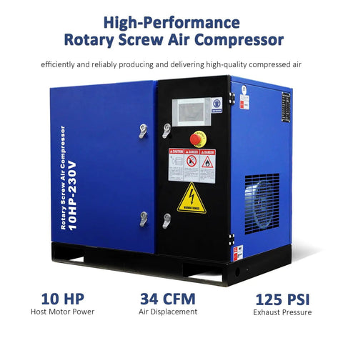 Heavy Duty 10HP Industrial Rotary Screw Air Compressor, 34CFM At 125 PSI, Low Noise 62 DBCabinet For Workshop Manufacturing, Continuous Duty 230V 3Phase Power