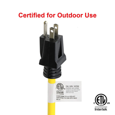 Heavy Duty 50 Foot Outdoor Extension Cord 12 Gauge 3 Conductor SJTW Yellow Water and Weather Resistant Flame Retardant 3 Prong Plug