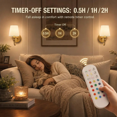 Cozy living room scene with No Fuss Wall Sconces Set Of Two In Shiny Gold and remote for RGB lighting, woman asleep with cat.