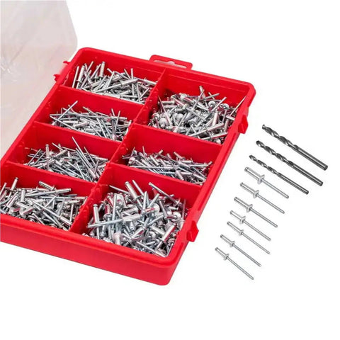 Dome Head Blind Pop Rivets Kit With 570 Pieces And 3 Drill Bits For Quick Install In Metal Plastic And Wood Aluminum Rivets Set Built To Last Works With Manual Or Pneumatic Rivet Guns Secure And Vibration Resistant Hold, red organizer tray with rivets and drill bits