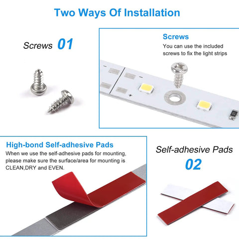 Image showing screws and adhesive pads for installing Under Cabinet LED Lighting Kit For Kitchens And Shelves With 6 x 12 Inch Rigid Light Strips.