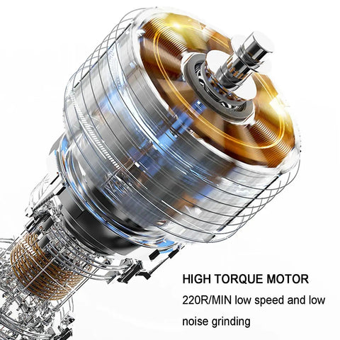 Hella Sharp 48Mm Conical Burr Electric Coffee Grinder's high torque motor showcasing 220 RPM low speed for quiet grinding.