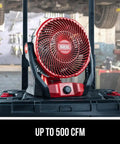 Rock Solid Brushless 7 Inch Jobsite Fan Delivering A Smooth 500 Cfm Breeze With A Flexible 180 Degree Pivoting Head and Quick Adjust Variable Speed Controls For Crew Comfort on workshop table.