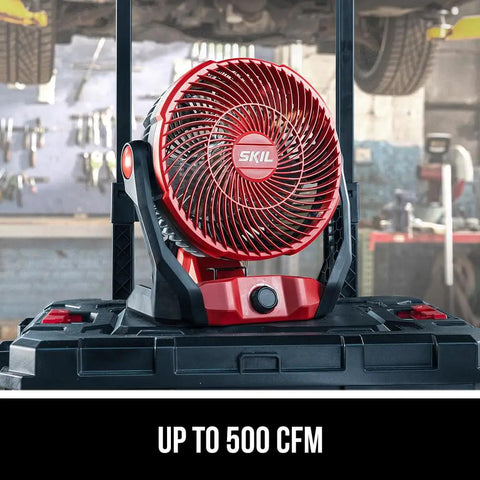 Rock Solid Brushless 7 Inch Jobsite Fan Delivering A Smooth 500 Cfm Breeze With A Flexible 180 Degree Pivoting Head and Quick Adjust Variable Speed Controls For Crew Comfort on workshop table.