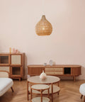 Japandi Inspired Tika 1-Light Pendant With Natural Blonde Twine Shade And White Cloth Cord Rustic Chic Ceiling Light For Dining Rooms And Kitchens Perfect For Dining Tables Entryways Or Cozy Corners Includes Easy Install Hardware And Dope Japandi Vibe in a stylish living room setting