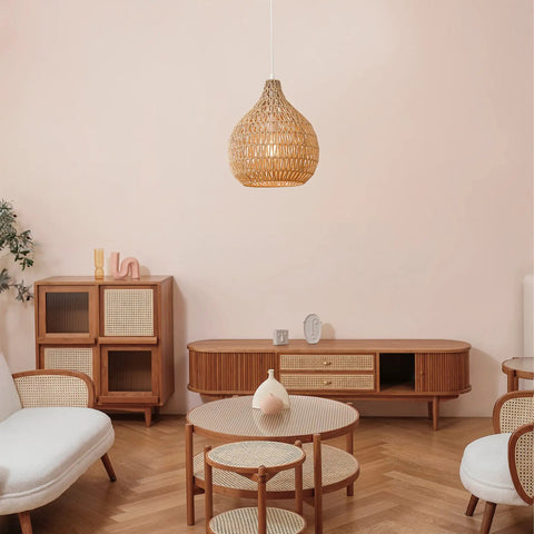 Japandi Inspired Tika 1-Light Pendant With Natural Blonde Twine Shade And White Cloth Cord Rustic Chic Ceiling Light For Dining Rooms And Kitchens Perfect For Dining Tables Entryways Or Cozy Corners Includes Easy Install Hardware And Dope Japandi Vibe in a stylish living room setting