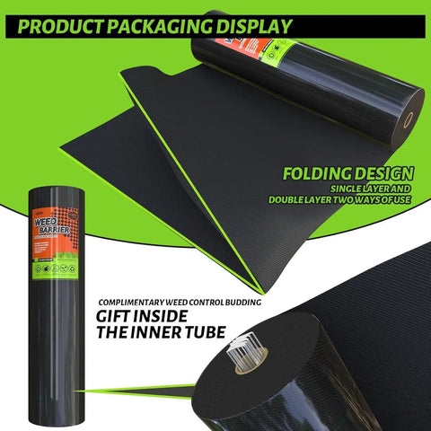 Product packaging display of Heavy Duty 3x50ft Weed Barrier Landscape Fabric 3.2oz Geotextile Ground Cover Mat For Landscaping Garden.