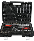 Open case displaying Pro Grade 215 Piece Ratchet Wrench Set With Sockets Kit Multi Drive For Auto Repair And Home Maintenance