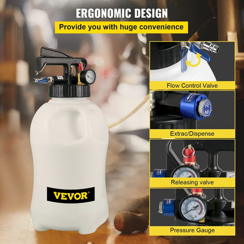 Front view of VEVOR 10L transmission fluid pump with flow-control valve and pressure gauge