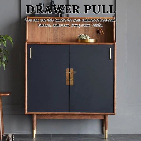 Wooden cabinet with antique brass cabinet pulls and vintage door knobs for wardrobe and dresser, old school barrel style handles.