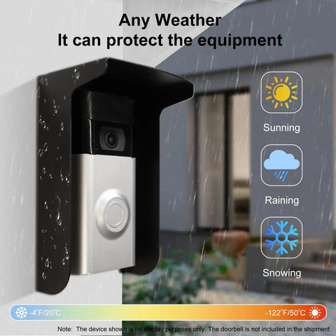 Outdoor Black Doorbell Anti-Glare Cover With Inward-Fold Sun Shade; Weatherproof Steel Guard in rain with weather icons shown