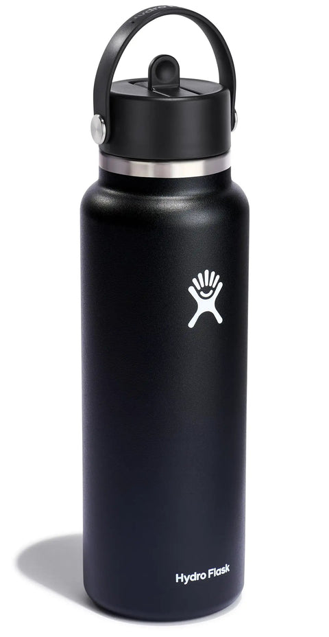 40 Oz Insulated Stainless Steel Water Bottle With Wide Mouth And Leakproof Straw Cap No Spill Flip Lid Double Wall Keeps Drinks Cold Up To 24 Hours Black Finish Easy Carry Handle