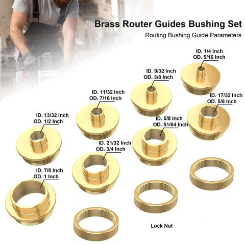 Front view of 11-piece brass router template bushing guide set with 1/4 in shank for woodworking routers