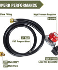 Propane Regulator With Four Foot High Pressure Hose, Adjustable 0-20 PSI Gas Burner Control For Propane Tanks shown with fittings