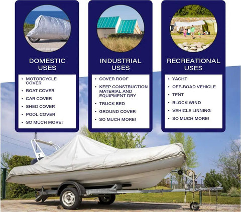 Heavy Duty 20 By 20 Poly Tarp Silver And Black Waterproof UV Blocking 10 Mil Tarp covering a boat outdoors