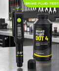 Hella Accurate Brake Fluid Tester Pen With Built In Alarm Warning For Quick Water Content Checks On Dot3 Dot4 Dot5.1 Hydraulic Systems And Rust Resistant Probe, measuring 6x1.2 inches on a workbench.