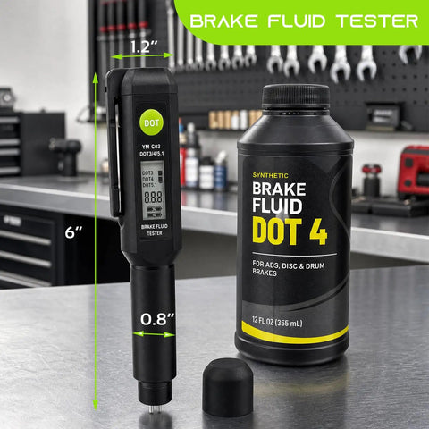 Hella Accurate Brake Fluid Tester Pen With Built In Alarm Warning For Quick Water Content Checks On Dot3 Dot4 Dot5.1 Hydraulic Systems And Rust Resistant Probe, measuring 6x1.2 inches on a workbench.
