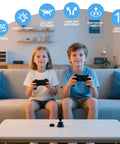 Children using controllers indoors showcasing Kids RC Drone With Altitude Hold Headless Mode Propeller Guards LED Lights And 3 Speed Modes