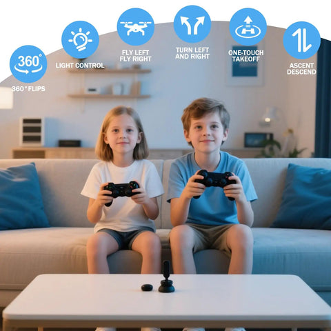 Children using controllers indoors showcasing Kids RC Drone With Altitude Hold Headless Mode Propeller Guards LED Lights And 3 Speed Modes