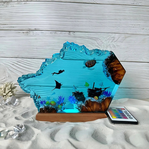 Multicolor Epoxy Resin Wood Lamp in Wave Shape, ocean scene with sea diver, turtle, and coral, decorative LED night light