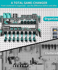 Power Tool Organizer Wall Mount With 200 Lb Capacity, showing organized tools on heavy duty metal rack for garage.