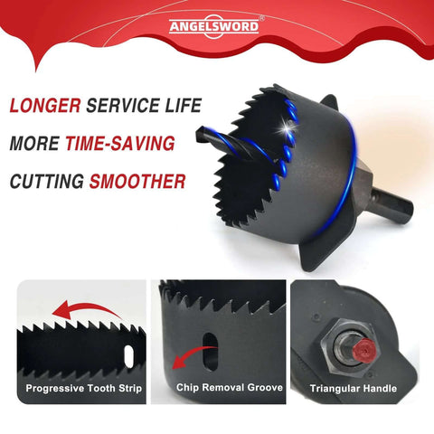 ANGELSWORD 24-piece hole saw kit; black blade with blue ring and arbor; tooth strip, chip groove, triangular handle.