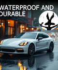 Scratch And Dent Fix Car Decal With Funny Cartoon Splat Wall Sticker For Cars Trucks Bumpers Laptops And Motorcycles Turns Scratches Into Laughs For Real 7 By 11 Inches on white sports car in rain.