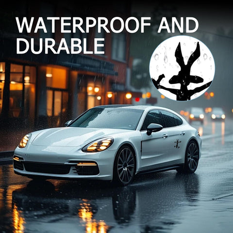 Scratch And Dent Fix Car Decal With Funny Cartoon Splat Wall Sticker For Cars Trucks Bumpers Laptops And Motorcycles Turns Scratches Into Laughs For Real 7 By 11 Inches on white sports car in rain.
