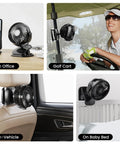 Clip On 5 Inch Fan With Aroma Function attached to desk, golf cart, car headrest, and baby bed for versatile cooling