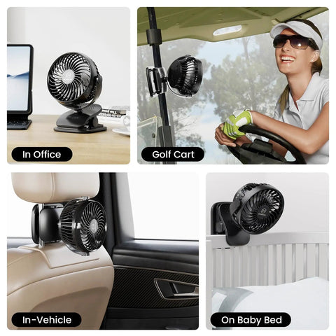 Clip On 5 Inch Fan With Aroma Function attached to desk, golf cart, car headrest, and baby bed for versatile cooling