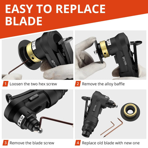 GETLTOOL pneumatic chamfering tool collage; black tool with gold collar, includes blades and hex wrenches.