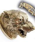 Bronze Knife Pommel Wolf Fenrir Handle Guard For Custom Knife Making, detailed wolf head close-up, hand cast solid metal accessory.