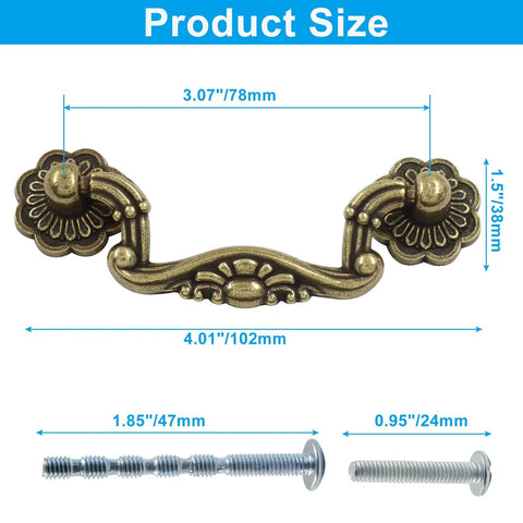 Vintage Drop Bail Cabinet Pulls 3 Inch Hole Centers 6 Piece Set Antique Bronze Finish Solid Zinc Alloy with measurements