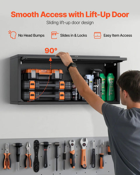 Space Saving Metal Wall Cabinet With Up Flip Door About Thirty Inches Wide Twelve Inches Deep And Fourteen Inches High Heavy Duty Rail Mount Floating Garage Storage 120 Lb Per Shelf For Garage Basement Kitchen Or Warehouse in use, showing smooth lift-up mechanism with tools inside.