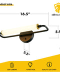 16.5 Inch LED Vanity Light Bar Over Mirror In Black And Gold, 18W 3000K Warm White, shown with dimensions and features