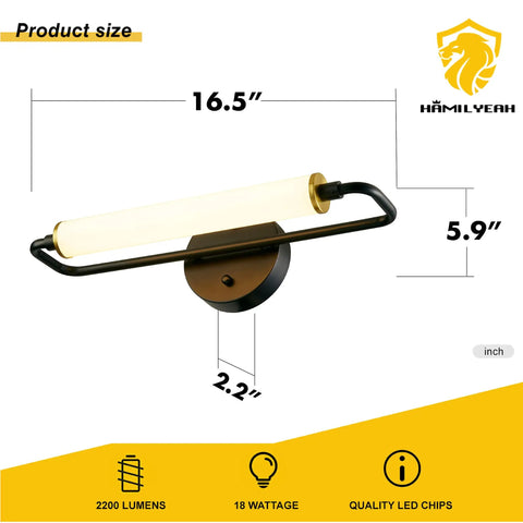 16.5 Inch LED Vanity Light Bar Over Mirror In Black And Gold, 18W 3000K Warm White, shown with dimensions and features