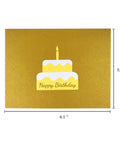 Akeydeco 3D pop-up birthday card, front view, two-tier yellow cake with white icing on gold background