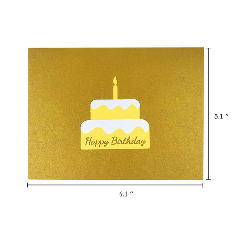 Akeydeco 3D pop-up birthday card, front view, two-tier yellow cake with white icing on gold background