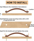 Installation steps for Six Piece Leather Furniture Handles Set for Drawers and Cabinets, showing measurement and screw placement.