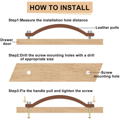 Installation steps for Six Piece Leather Furniture Handles Set for Drawers and Cabinets, showing measurement and screw placement.