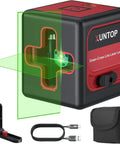 Self Leveling Green Cross Line Laser 100ft Range For Hanging And Tiling, 1.5mm At 5m Accuracy, 3 Degree Level, Includes Magnetic Bracket And Carry Pouch, Ideal For Picture Hanging, DIY Friendly, Wall And Floor Tile Work, Class 2, Low Power. Green laser level with bracket, USB-C cable, and pouch.