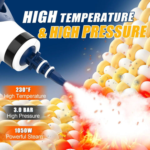 Heavy Duty Handheld Steam Cleaner For Kitchen Tile And Bathroom. High pressure steam nozzle at 230°F releasing vapor.